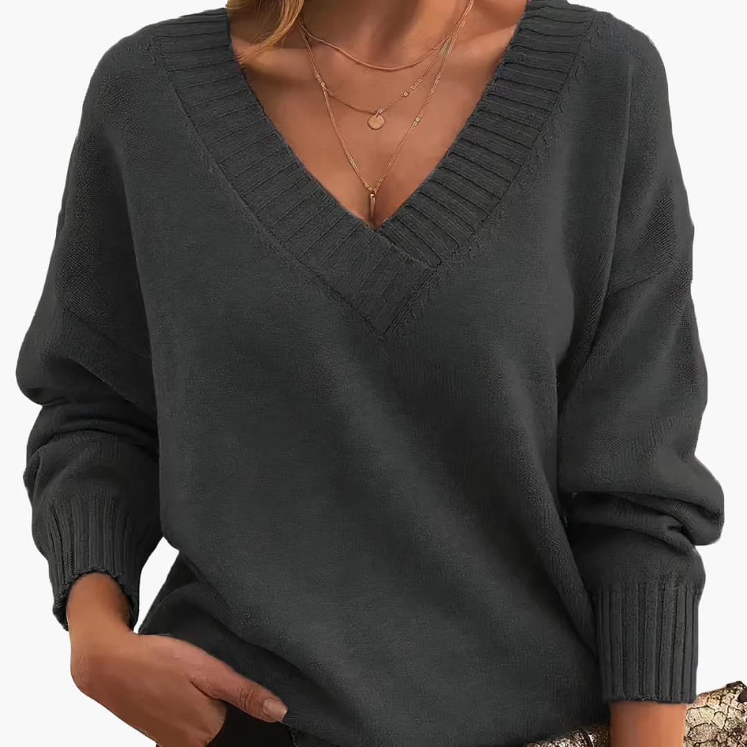 Women's tailored fit V-neck pullover cozy knit top in neutral tones for cool days