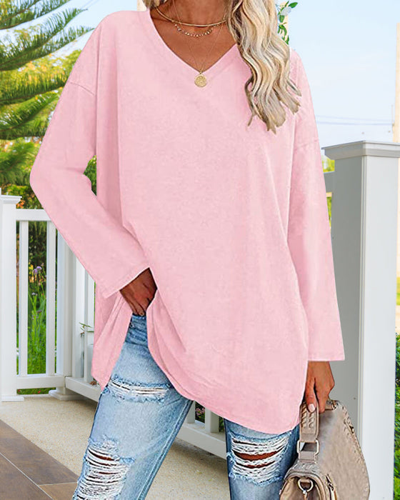 Women's white V-neck long sleeve blouse soft breathable fabric fitted flattering silhouette