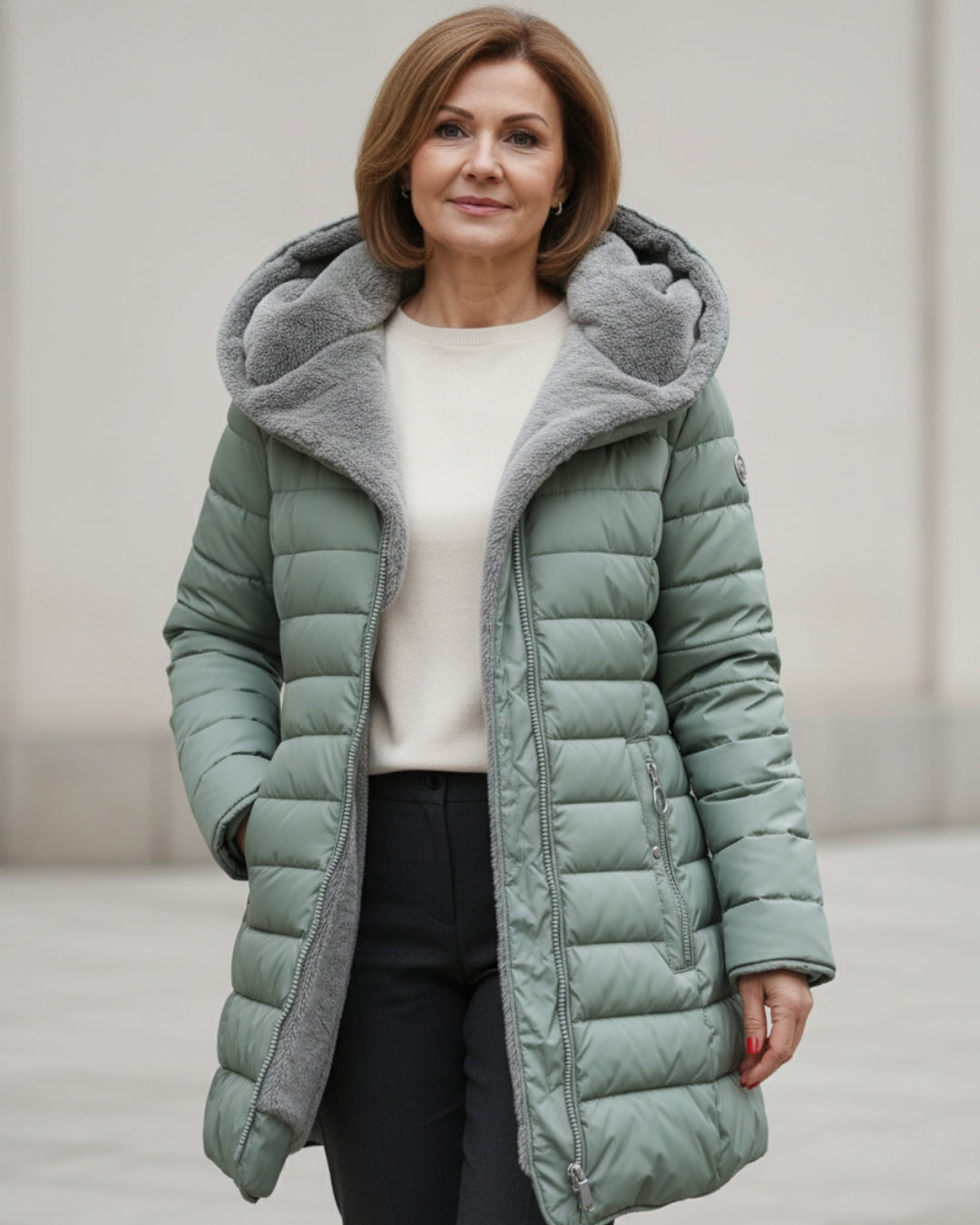 Women's black hooded quilted winter coat with full-zip front and polished padded exterior