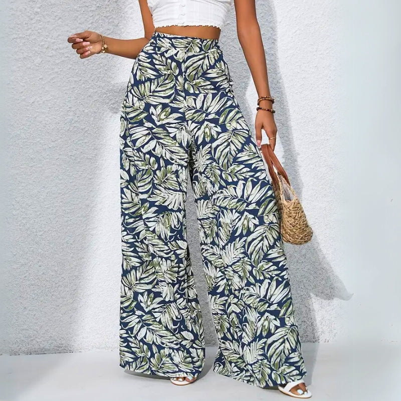 Women's high-waist tropical print cotton trousers relaxed fit with roomy pockets bold pattern