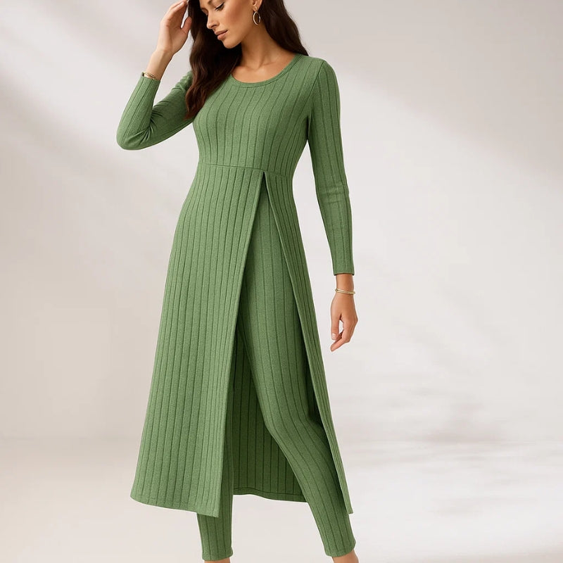 Women's ribbed knit two-piece lounge set in neutral tones with relaxed fit and split-hem top