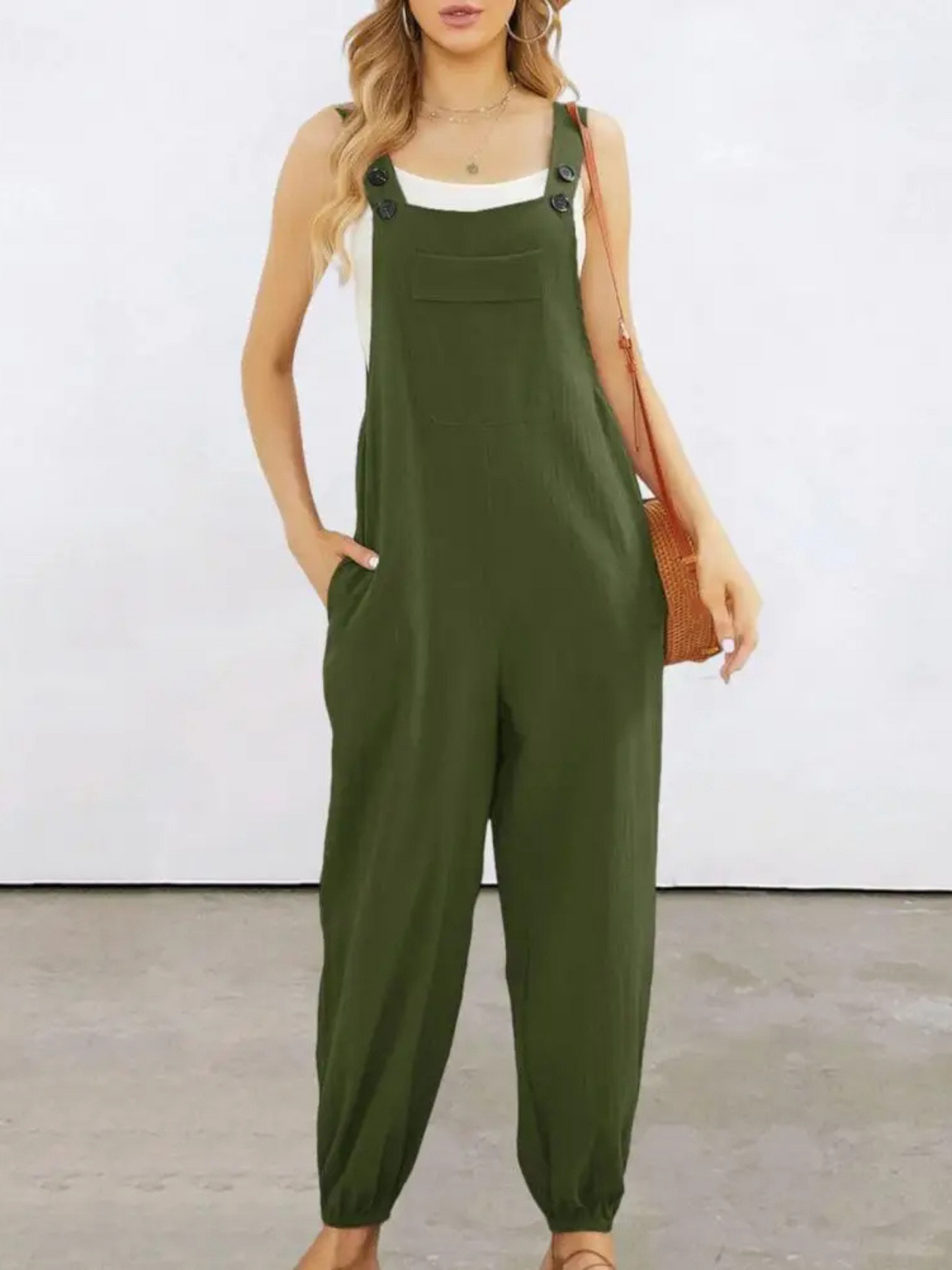 Women's relaxed-fit studio overall jumpsuit soft cotton-blend breathable fluid draped silhouette pull-on