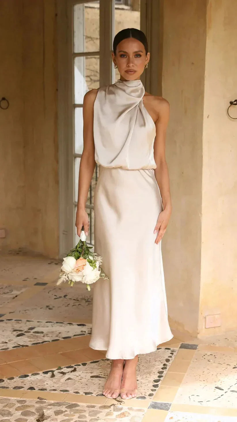 Satin one-shoulder slim dress elegant evening wear luxurious smooth drape timeless silhouette