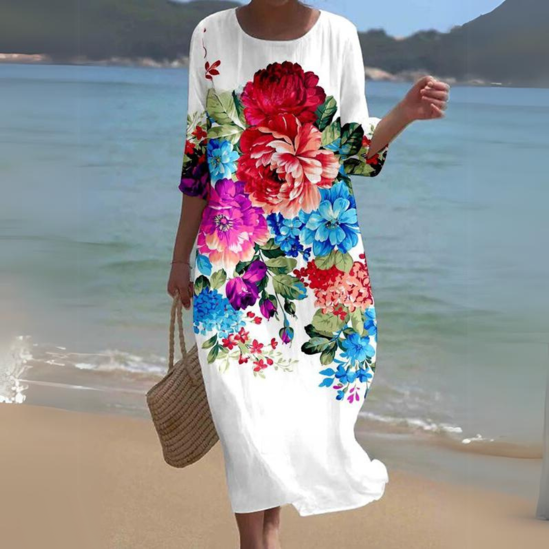 Floral midi dress women light airy viscose 3/4 sleeve round neck garden party style