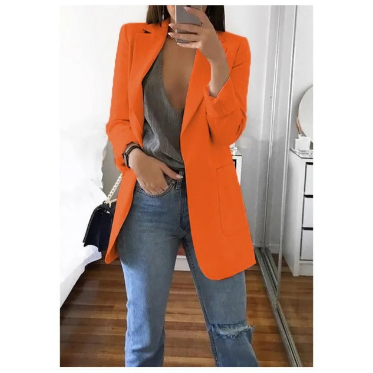 Women's long khaki blazer tailored fit elegant office style all-day comfort refined silhouette