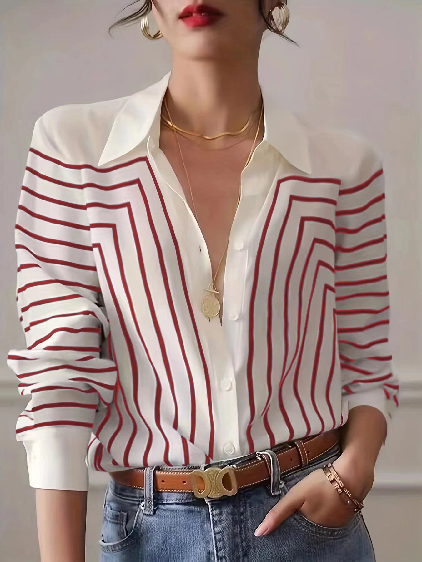 Women's loose fit linen striped shirt with lapel collar, breathable workwear in autumn tones