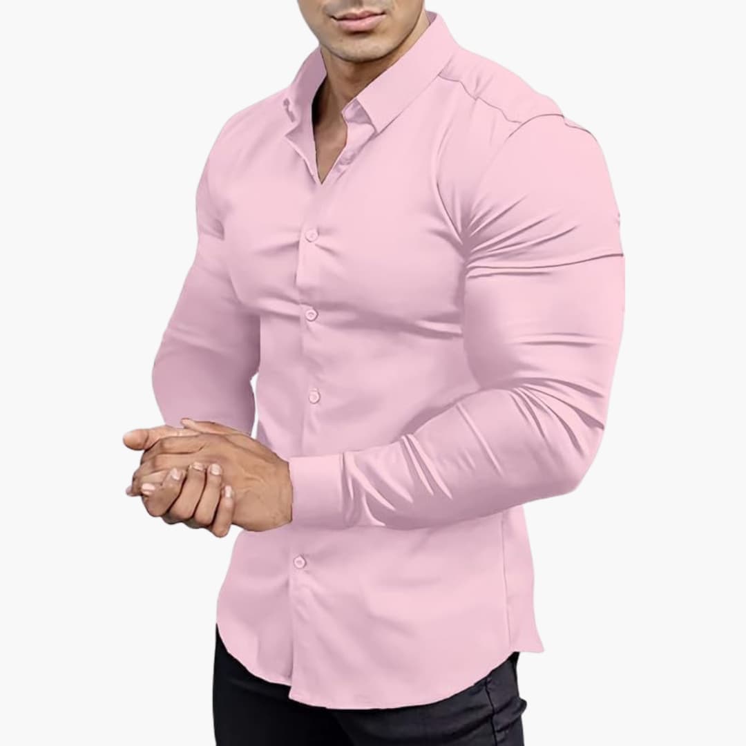 Men's slim fit dress shirt structured silhouette versatile office casual wear stretch fabric