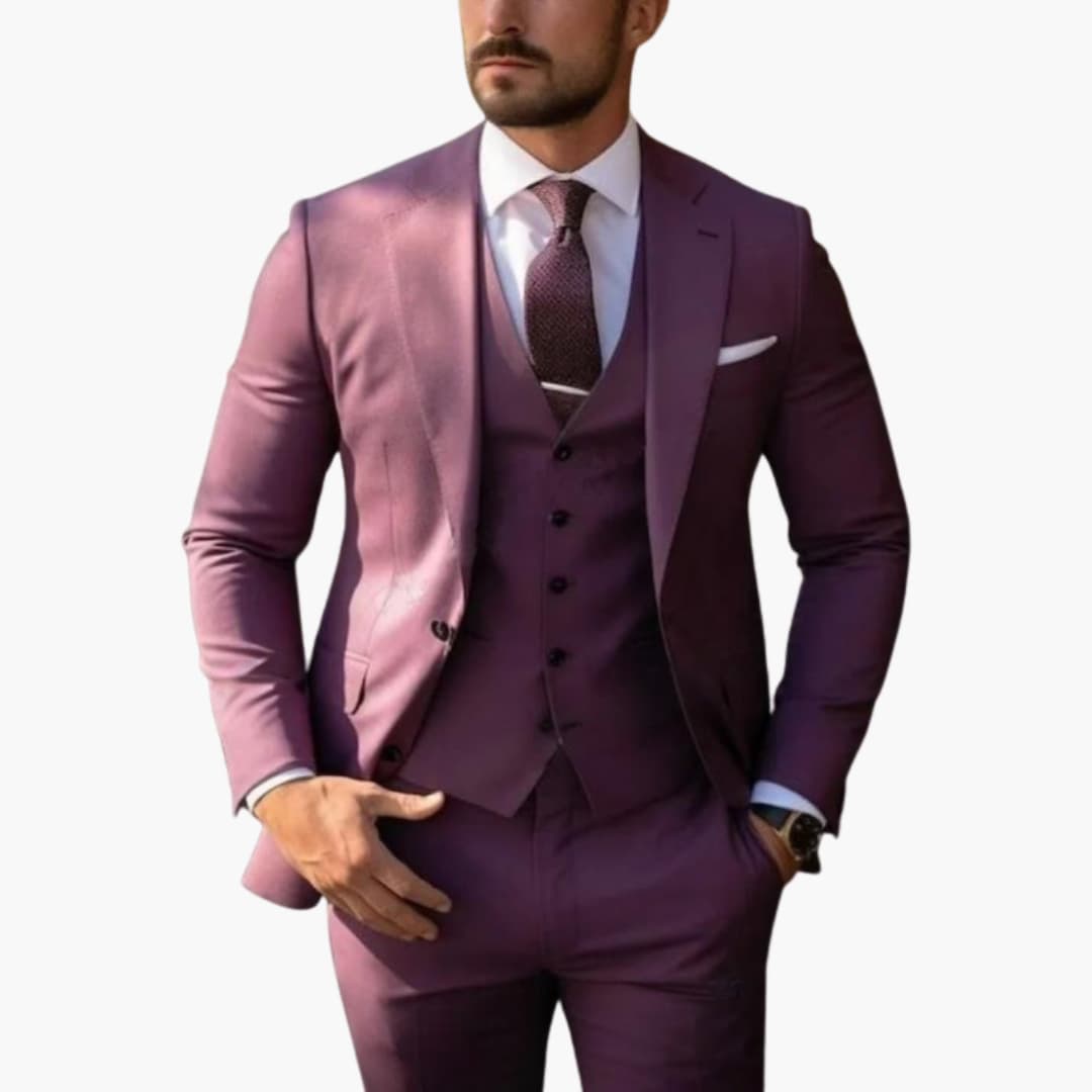 Men's three-piece classic business suit set in coordinated jacket, vest, and pants with two-button front