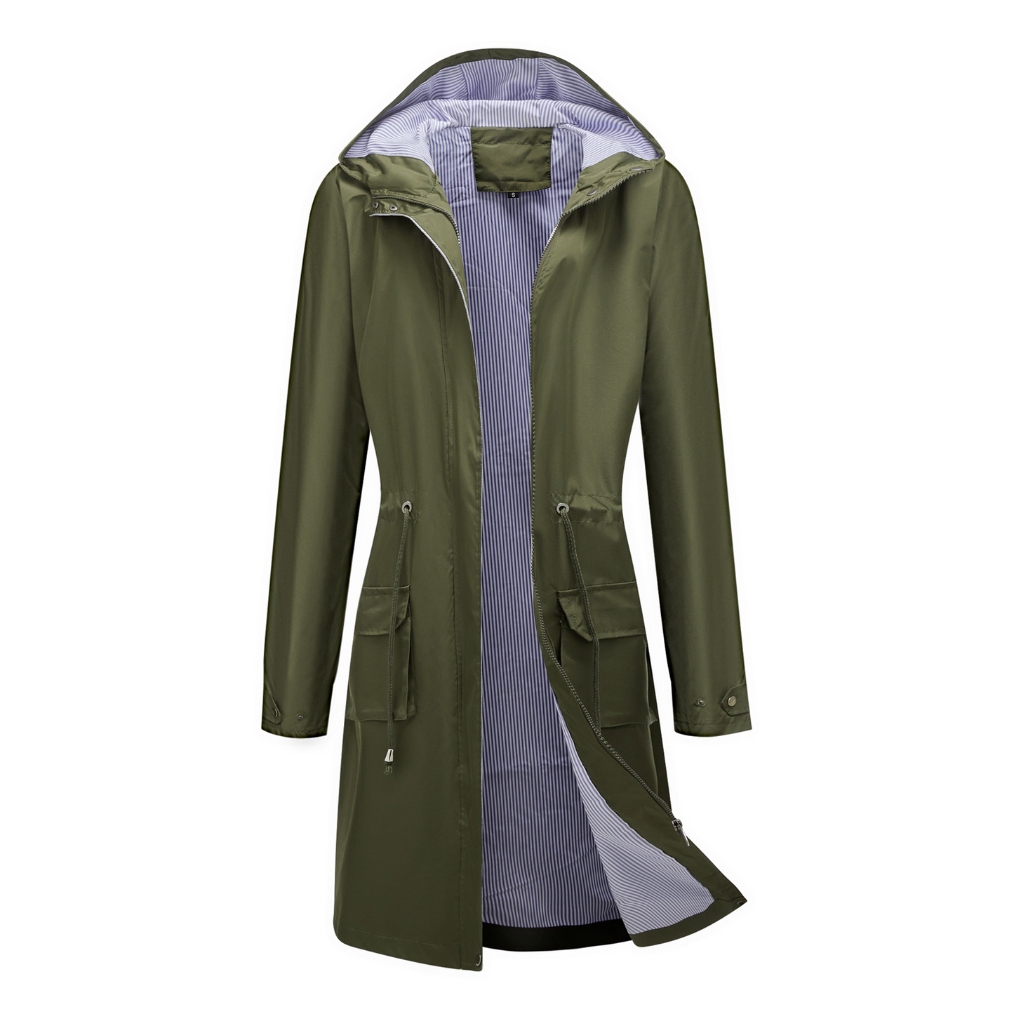 Slim waterproof lightweight trench coat with hood and adjustable waist for urban commuters