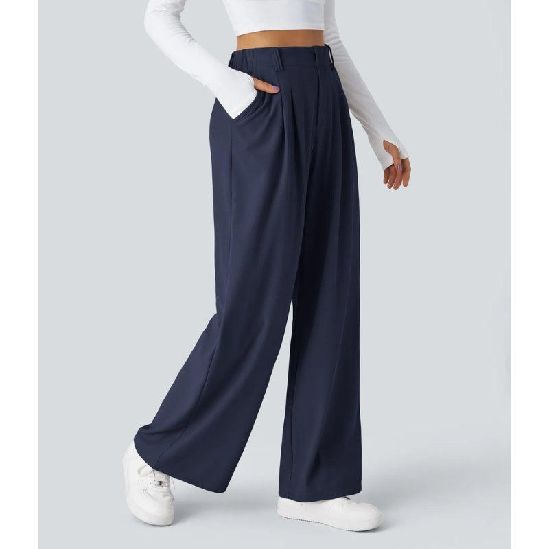 Women's high-waisted waffle knit wide-leg work pants relaxed fit stretch comfortable trousers