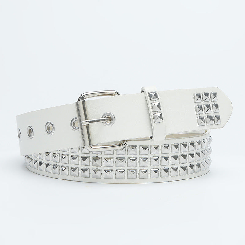 Women's black PU leather belt with chic square bead rivet pyramid inlaid design, 3.3cm wide