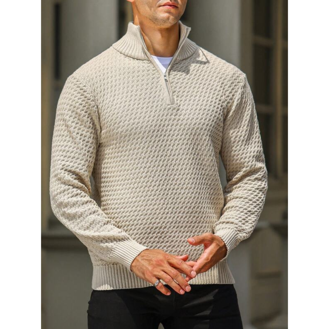 Men's half zip sweater textured knit tailored fit ribbed edges neutral tone modern urban style