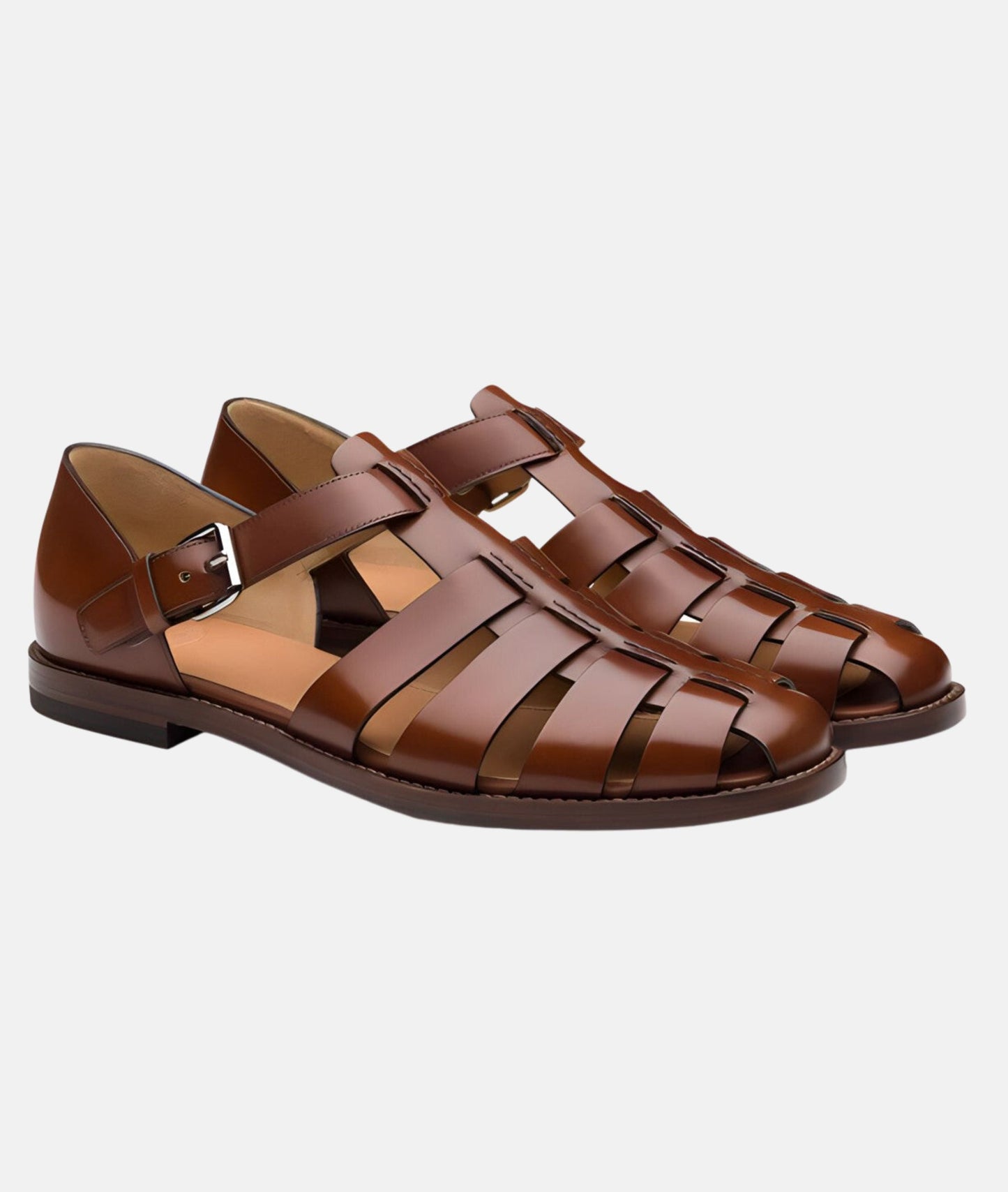 Men's brown leather closed-toe sandals with woven straps and side buckle for summer style
