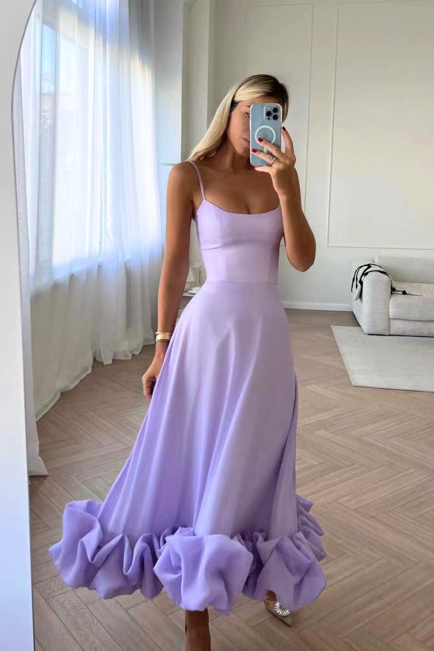 Women's spaghetti strap midi dress elegant fitted bodice flowing skirt with ruffled hem eveningwear