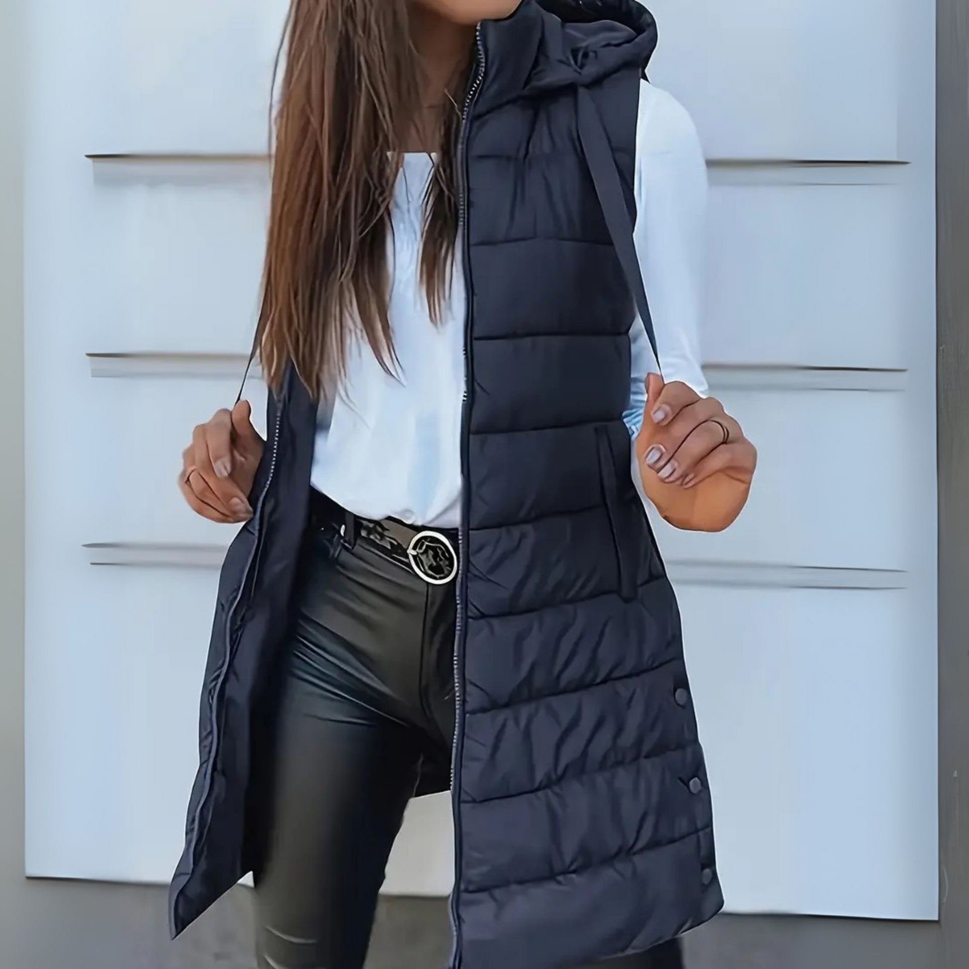 Women's long hooded puffer vest lightweight quilted longline silhouette sleeveless jacket