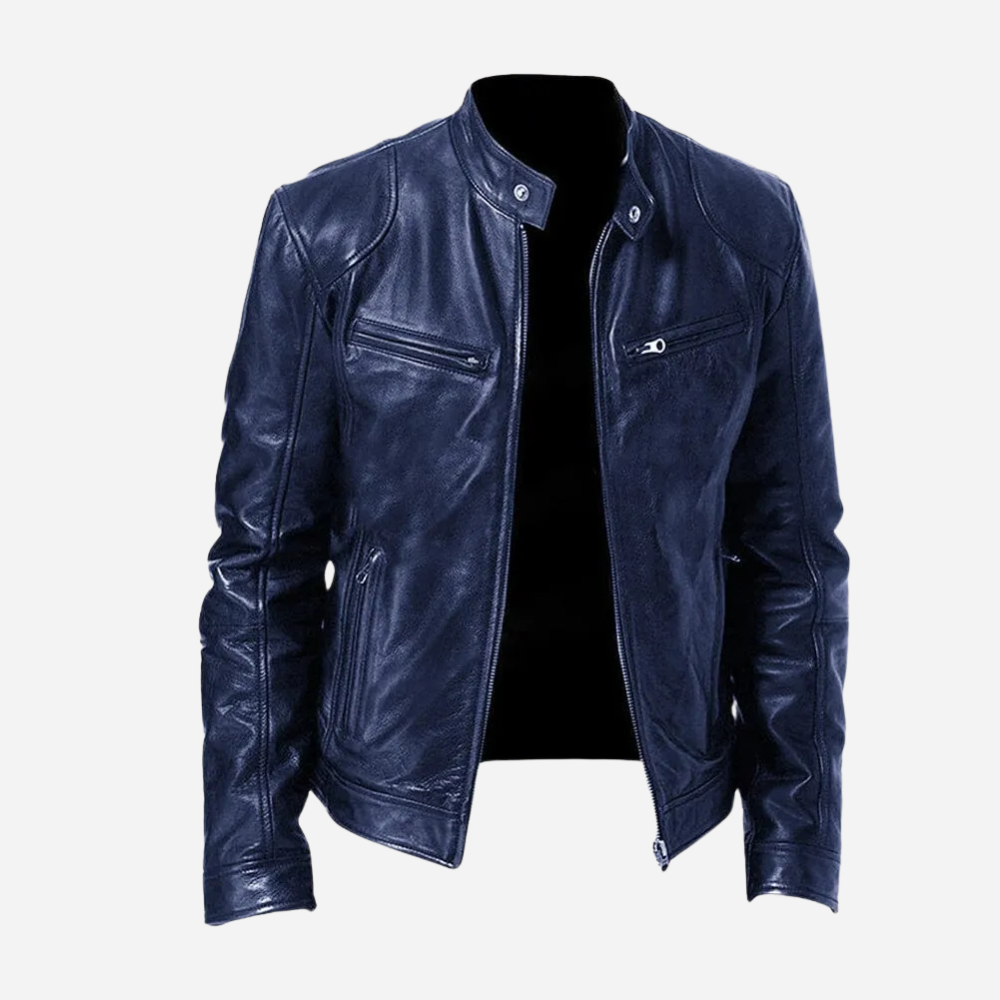 Men's genuine leather slim fit biker jacket in black with snap-tab collar and front zipper closure