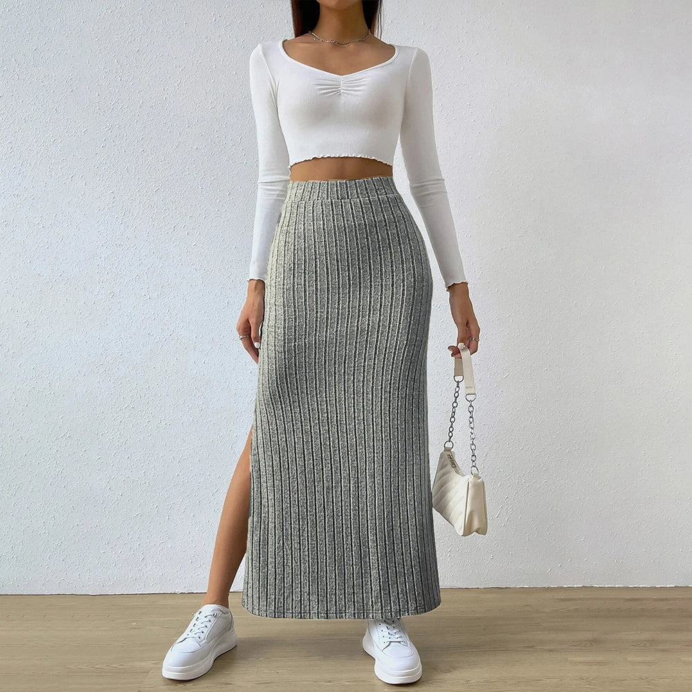 Verona ribbed knit maxi skirt cotton blend textured silhouette with flattering split hem