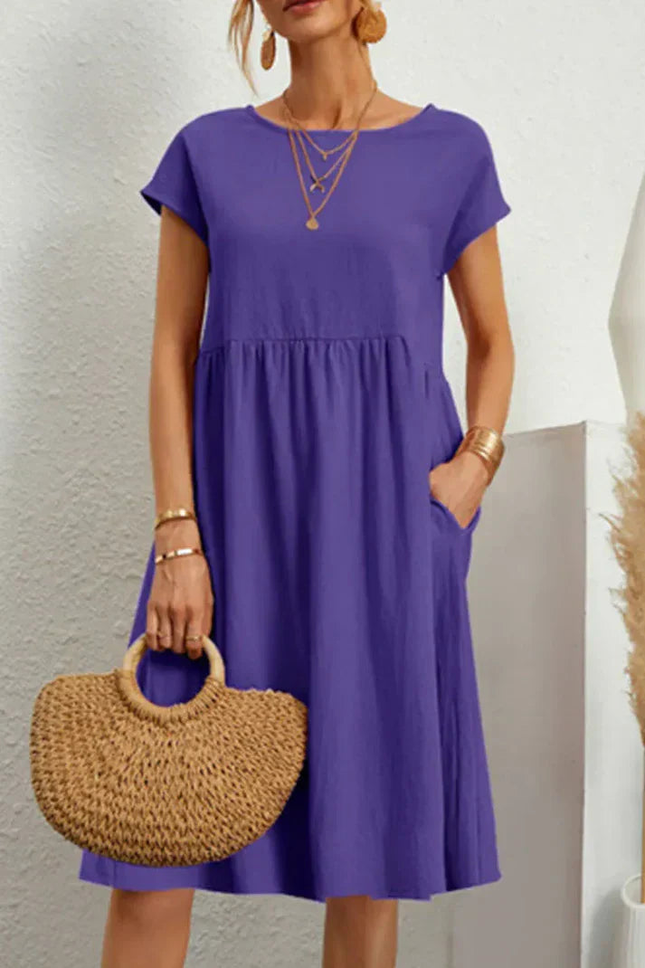 Melanie women's casual round neck short sleeve plain dress, comfortable everyday versatile wardrobe staple