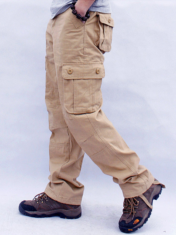 Men's stretch cotton cargo pants with 6-pocket straight-cut design for outdoor adventure and all-day comfort