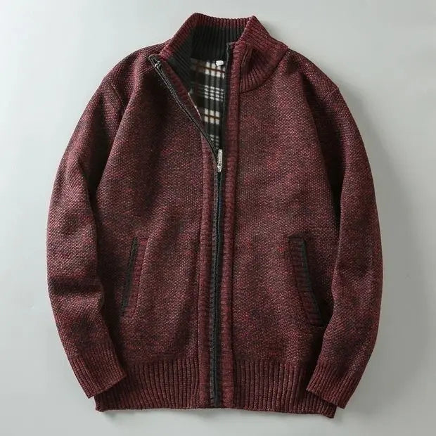 Men's heavyweight textured knit zip-up jacket with plaid fleece lining in tailored cold-weather fit