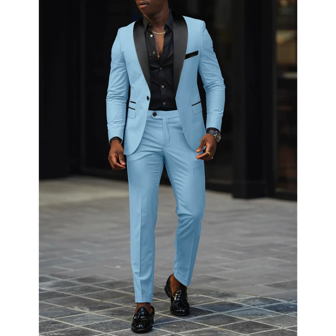 Men's slim fit black tuxedo suit with satin lapels, structured blazer, and matching trousers for weddings