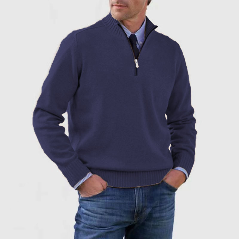 Men's gray knitted quarter-zip pullover with stand-up collar, slim layering fit