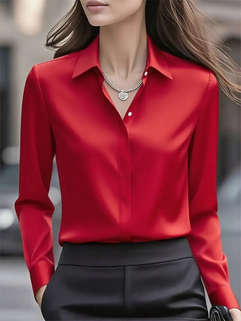 Women's satin lapel shirt long sleeve solid color mid-length wrinkle-free office pullover