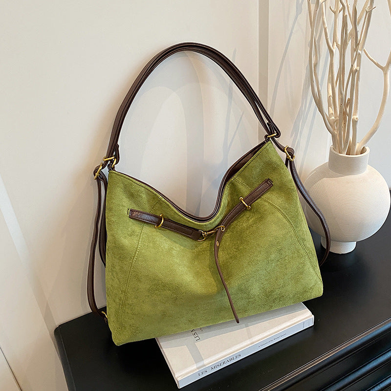 Women's large suede shoulder tote bag vintage luggage-style silhouette with zippered interior pocket