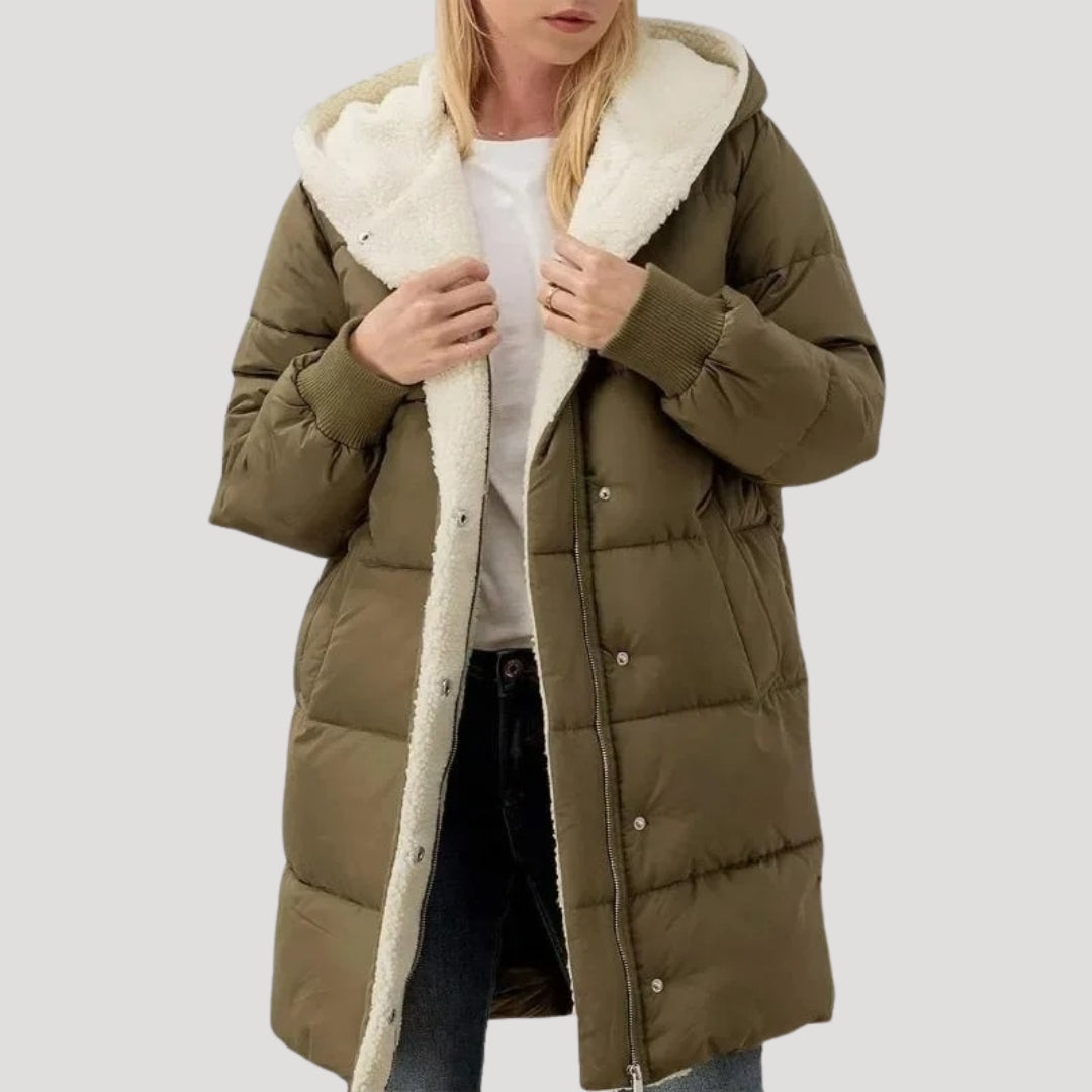 Women's lightweight hooded puffer coat in neutral tone, flattering slim fit with padded insulation