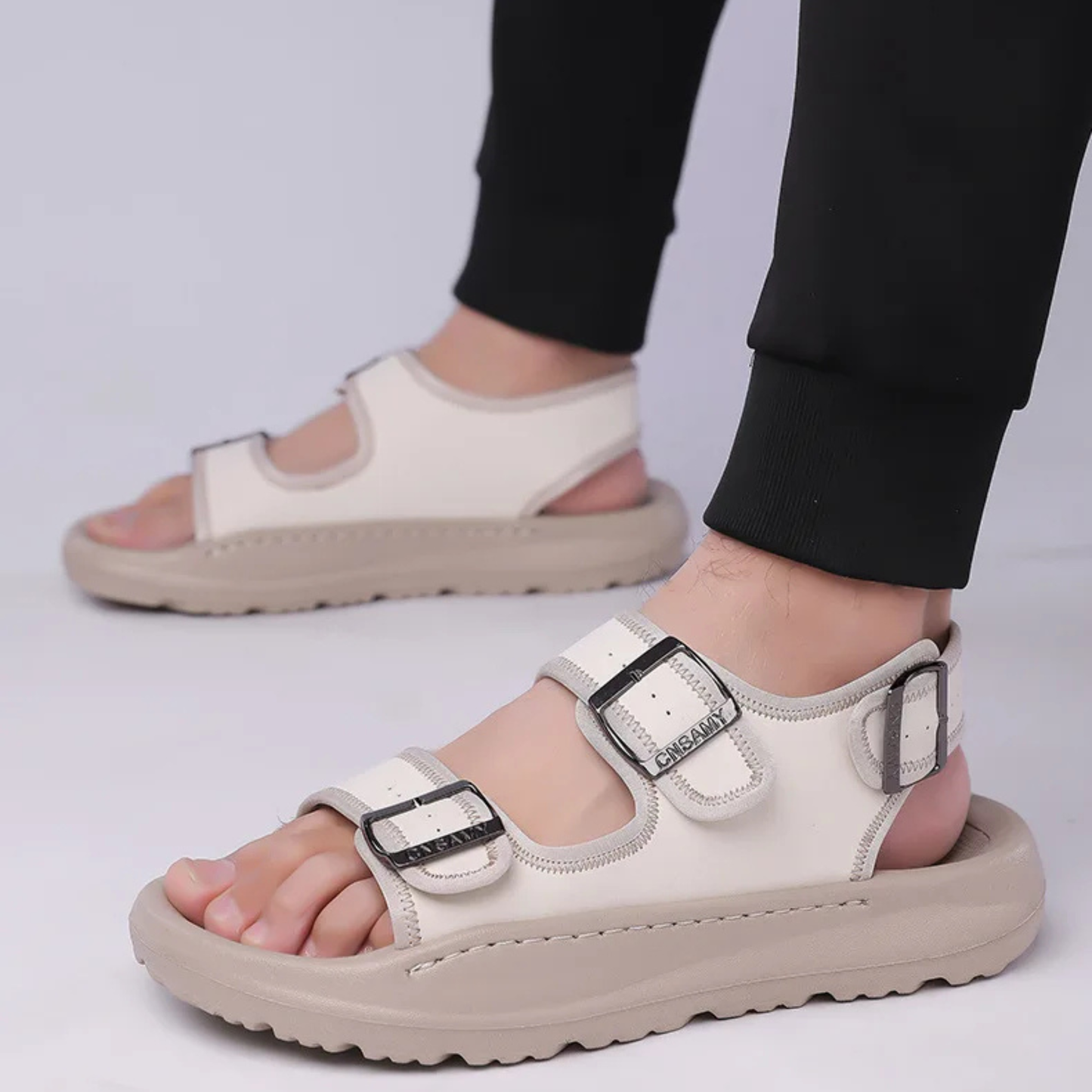 Velton men's brown buckle sandal triple-strap ultra-light EVA sole water-resistant everyday comfort