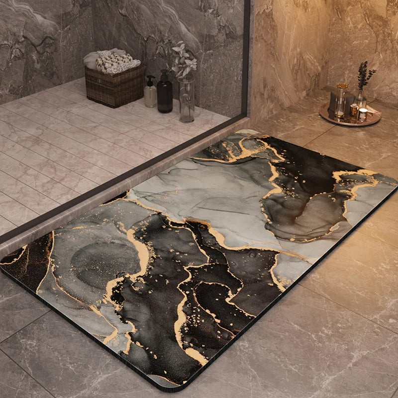 Marble-patterned luxury bath mat in white gray velvet with non-slip rubber base for stylish bathrooms
