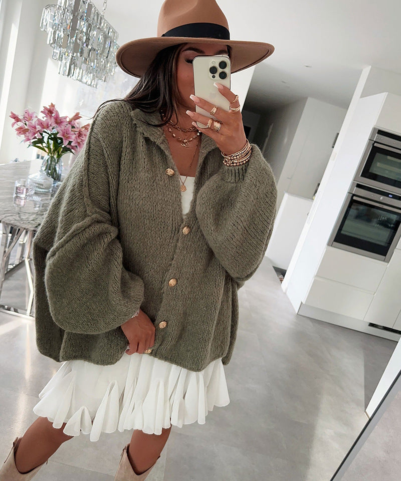 Women's solid color knit cardigan batwing sleeves mid-length loose fit thick cozy layering piece