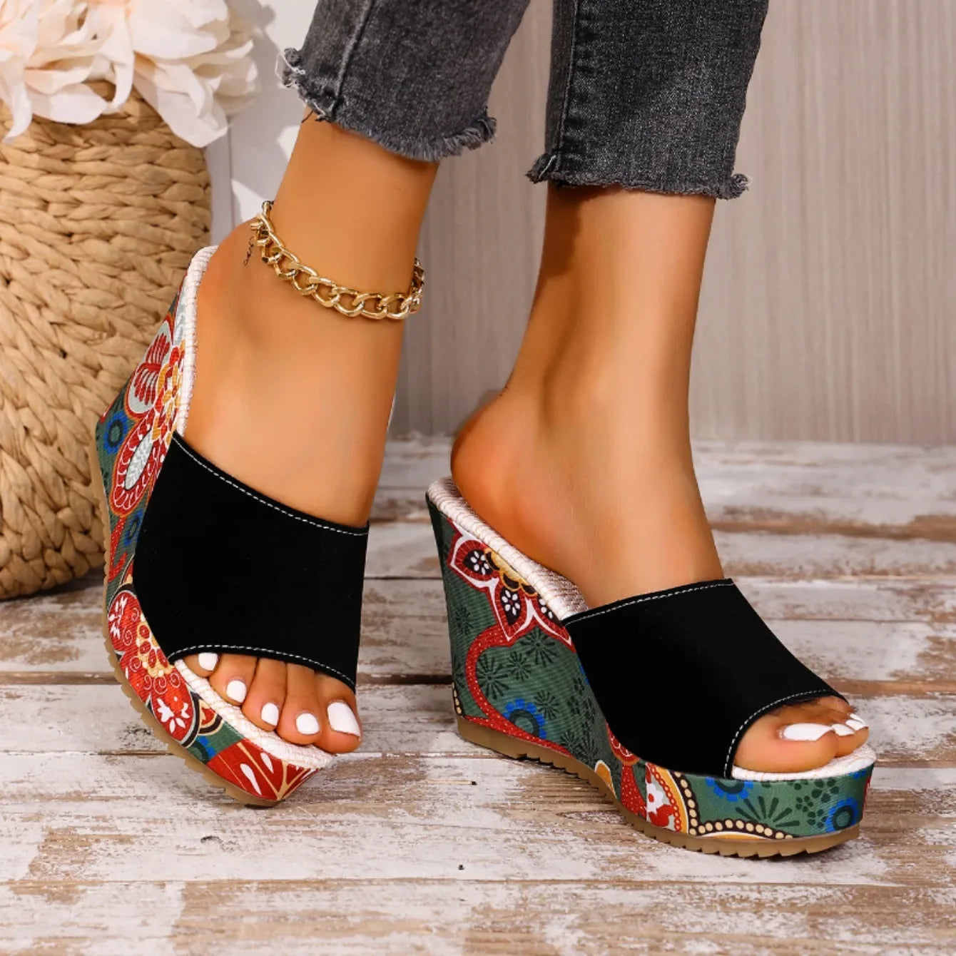 Women's velvet wedge sandal with floral-printed heel in bohemian sculptural style