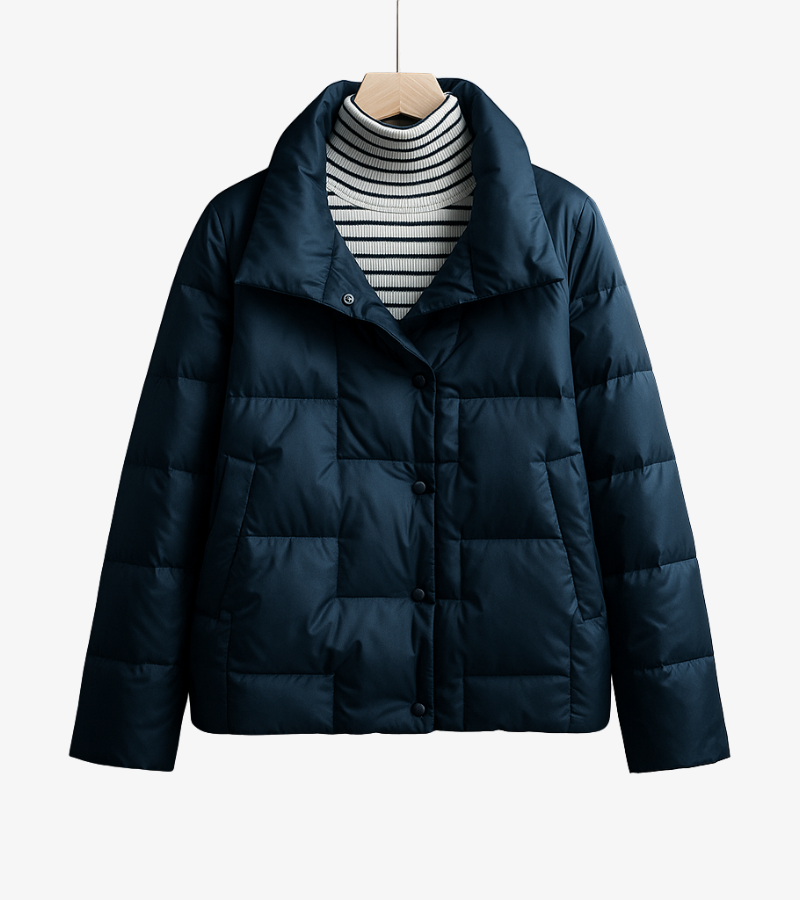 Women's cropped quilted puffer jacket lightweight stand collar snap front minimalist winter style