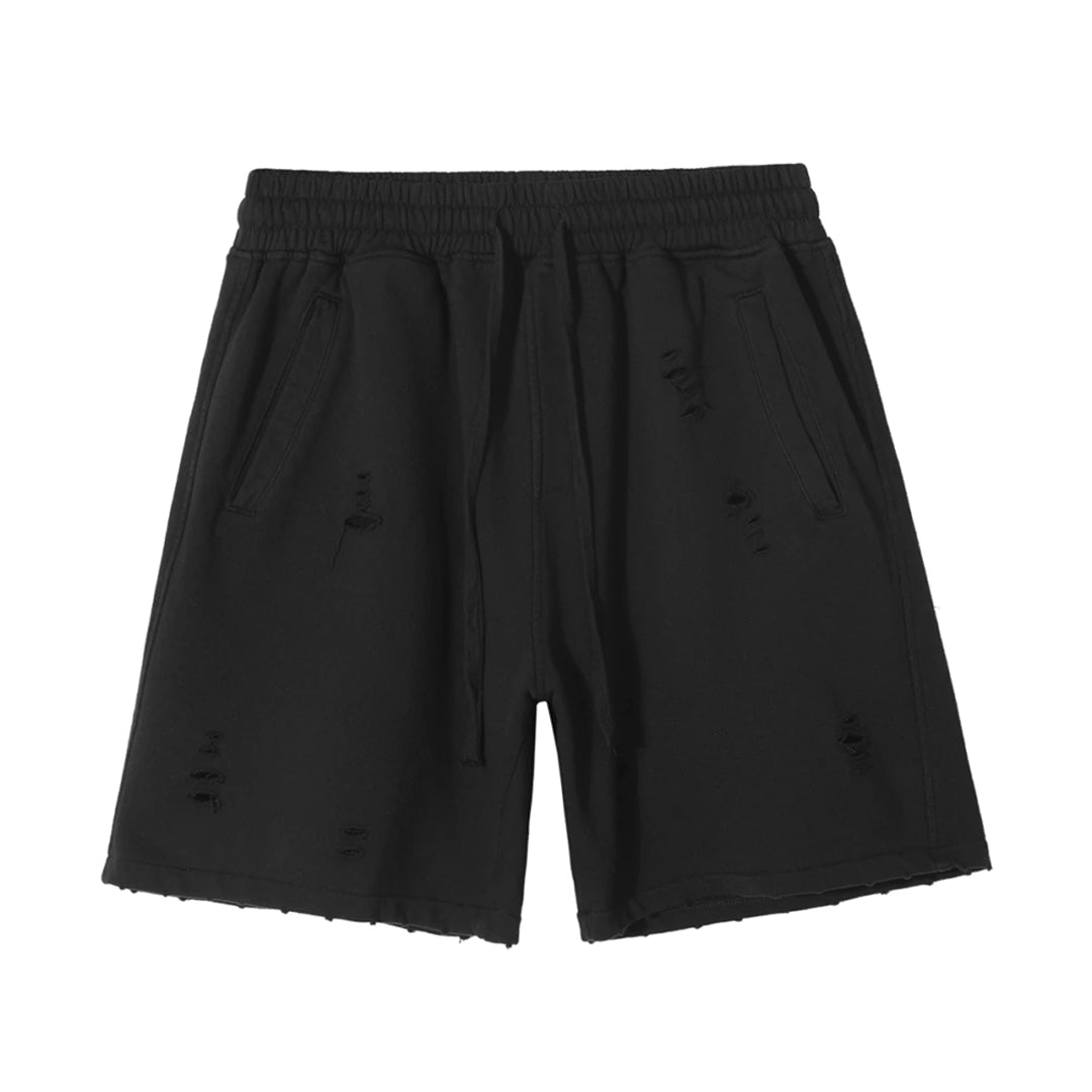 Men's heavyweight cotton sweat shorts in neutral tone, relaxed fit with raw frayed hem and elastic waistband