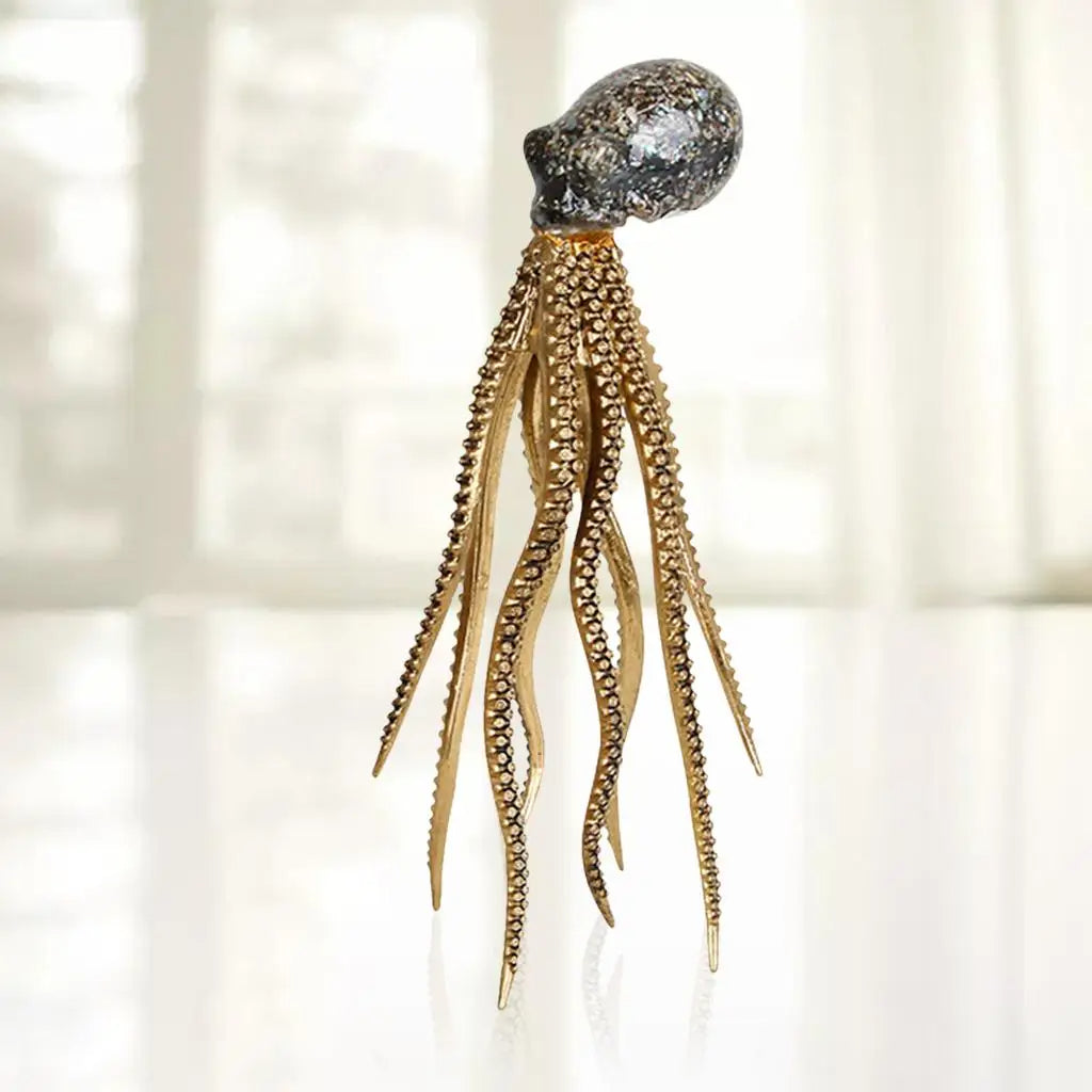 Two-piece resin marine sculpture set gold textured base shimmering octopus jellyfish ocean art decor