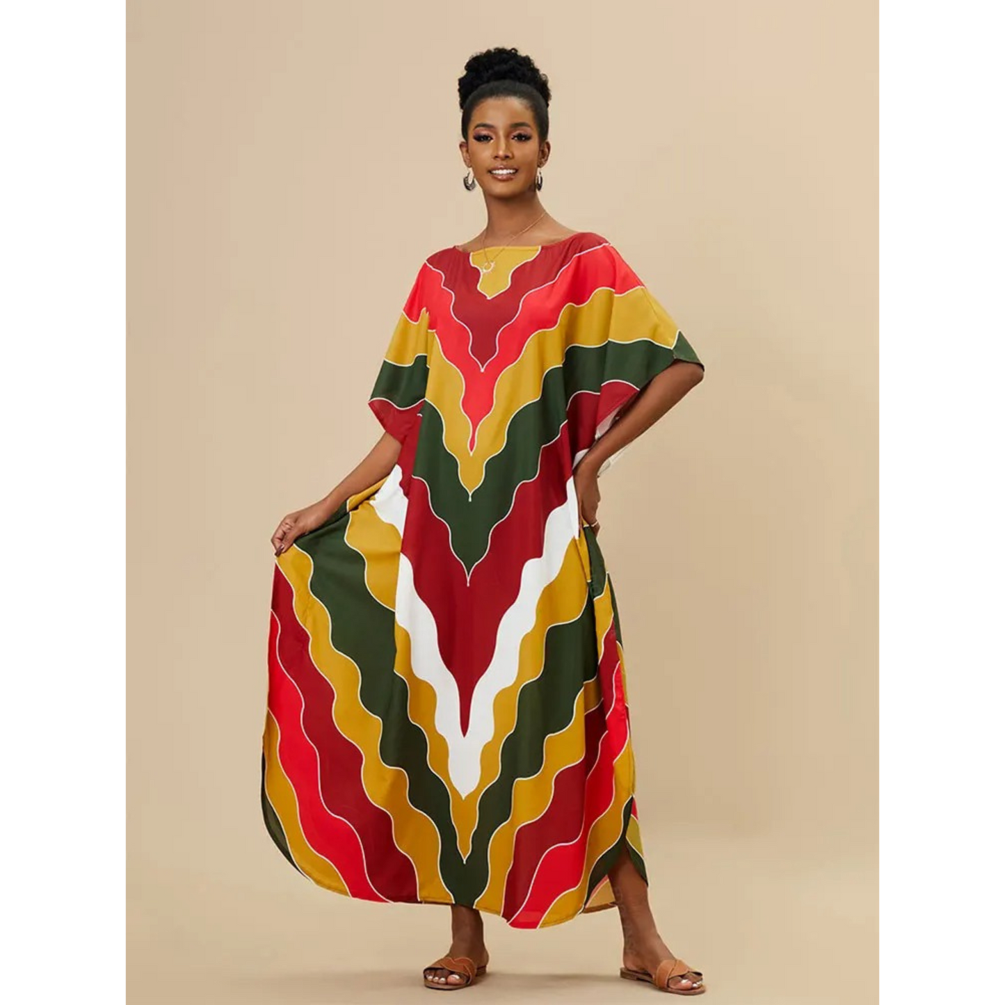 Women's loose fit V-neck kaftan beach cover-up, light airy fabric with bohemian style