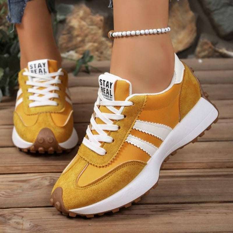 White platform lace-up sneakers for women with chic side stripe detail and height-boosting sole