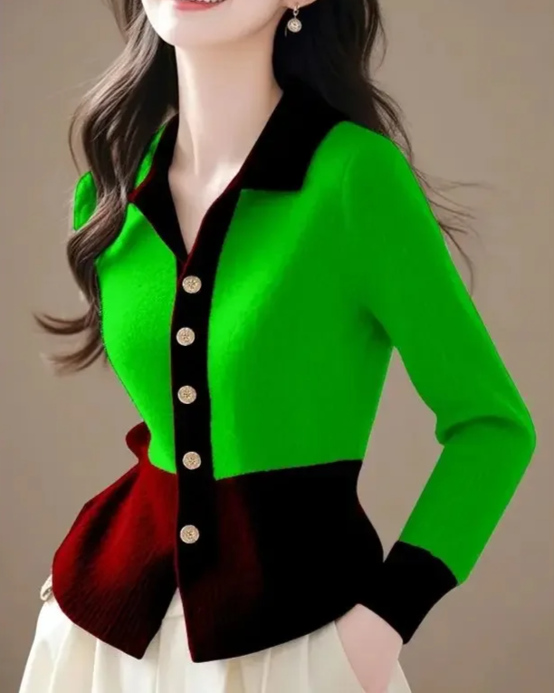 Women's contrast cardigan cotton-blend structured silhouette gold tone buttons fitted knit layering piece