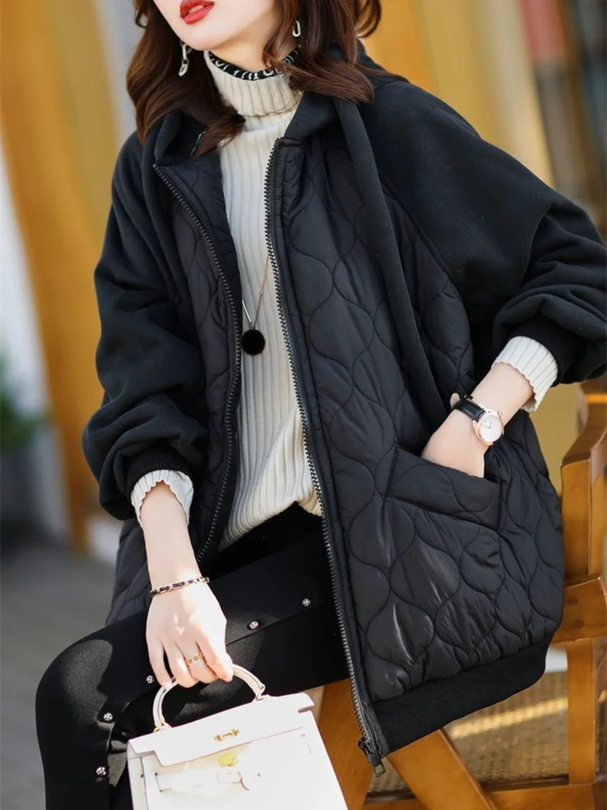 Women's quilted hoodie jacket diamond-stitched shell fleece-lined hood lightweight relaxed fit