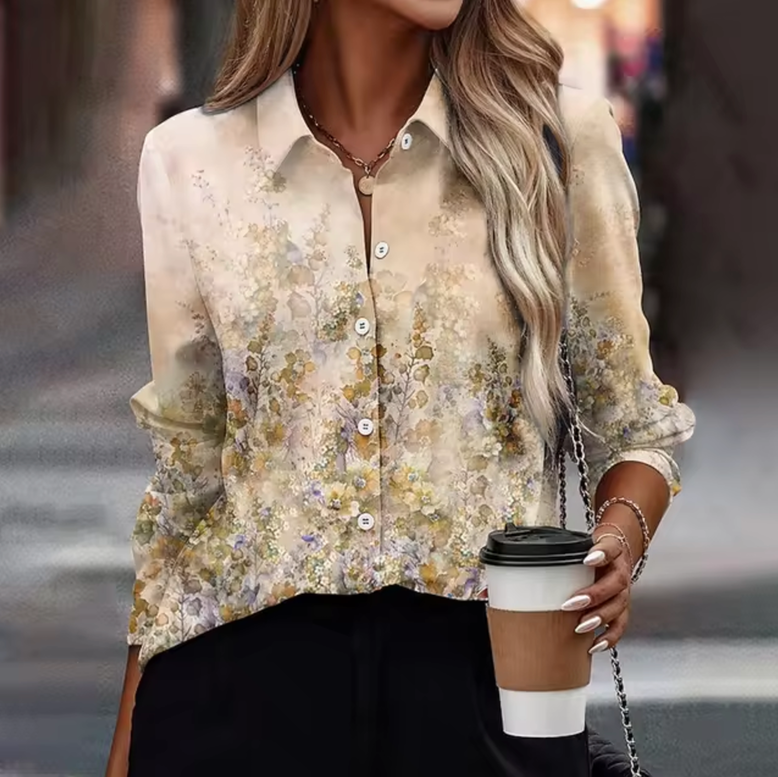 Women's floral print blouse lightweight breathable long-sleeve top with intricate feminine pattern