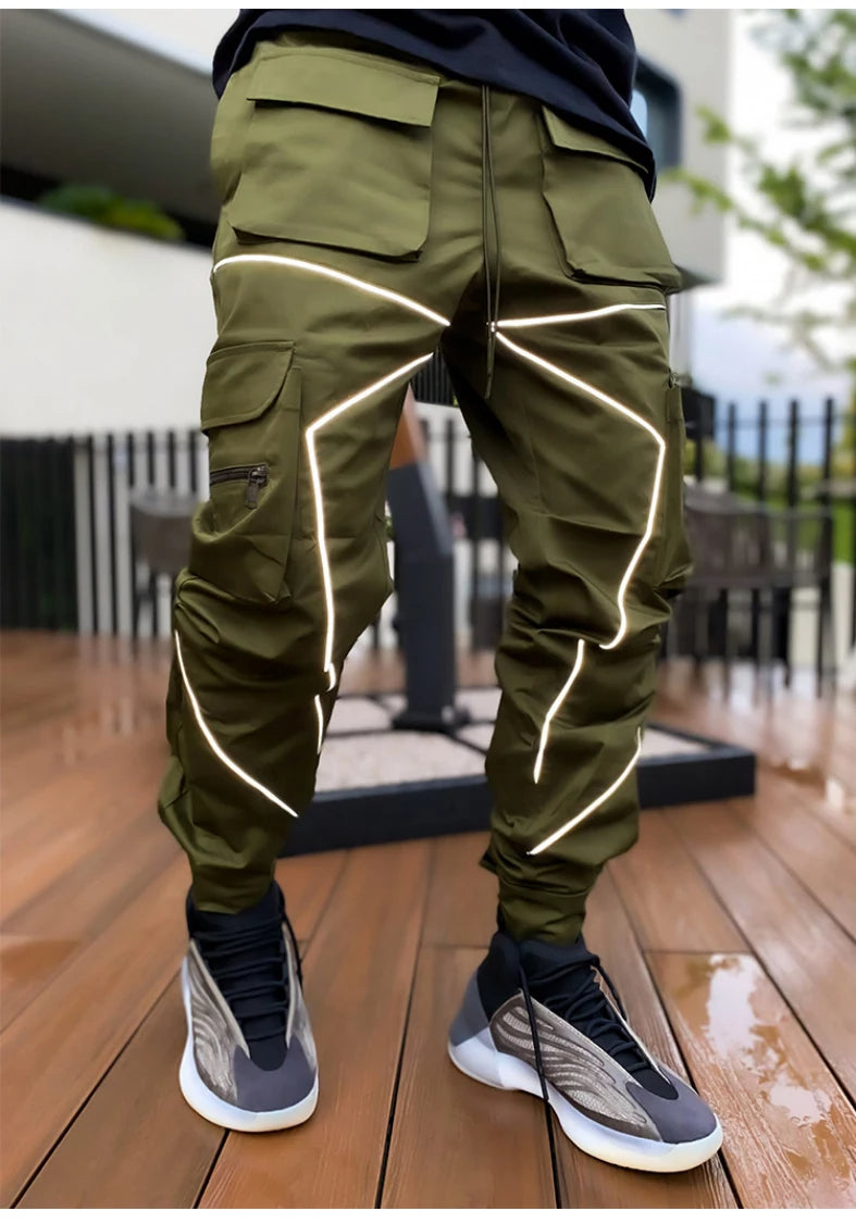 Black tapered cargo jogger with reflective high-visibility piping and featherweight fabric for night running