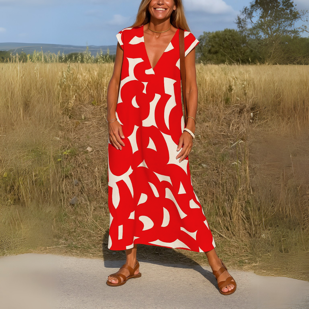 Women's abstract print midi dress with V-neck, sleeveless cut, shaping pleats, breathable fabric