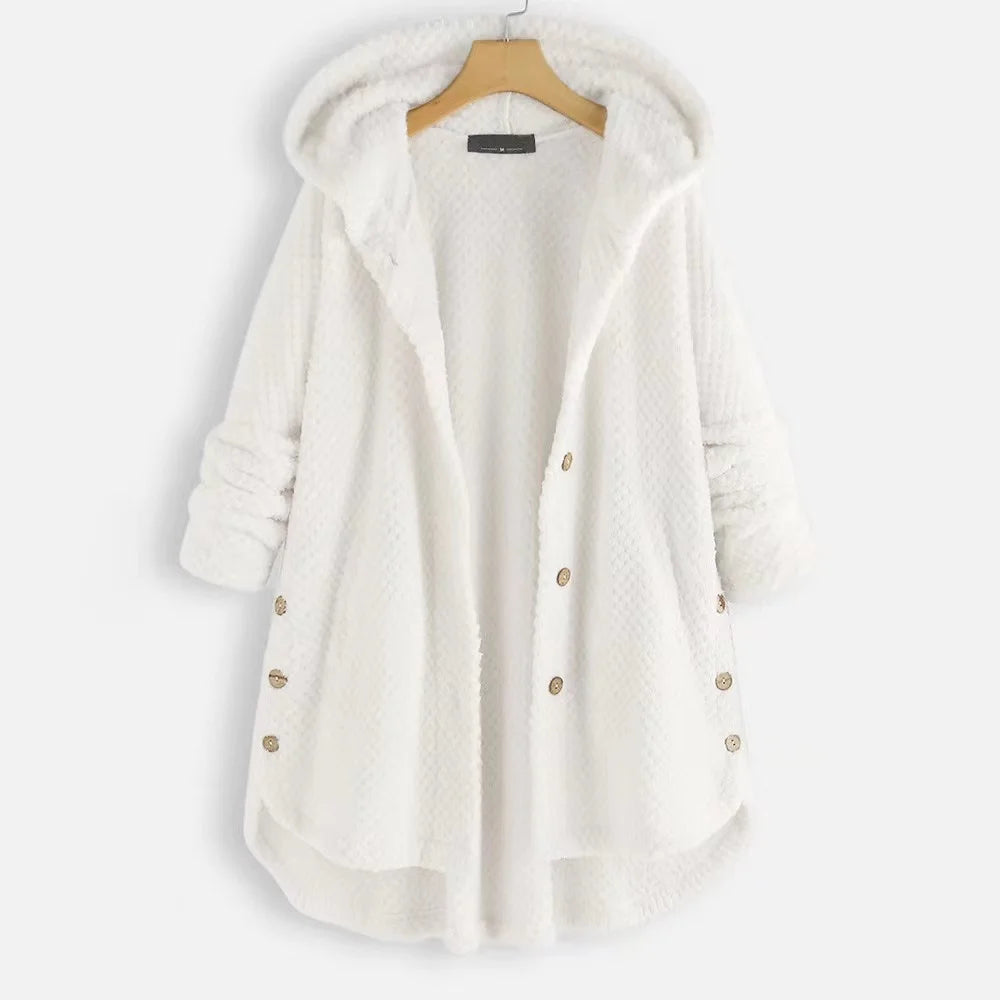 Cream oversized fleece hooded jacket unisex button-front pockets Nordic cozy winter outerwear