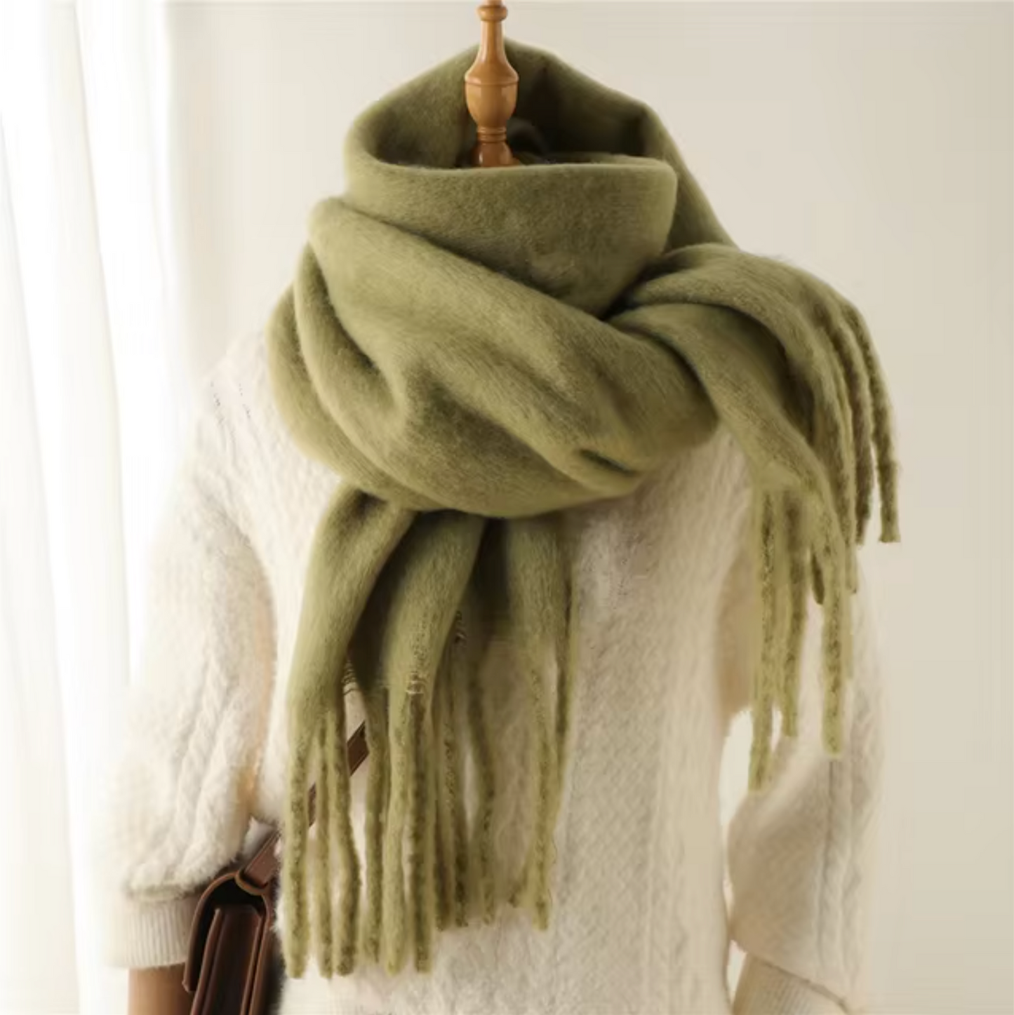 Women's cashmere-like pashmina winter scarf with long fringe trim, soft solid wrap