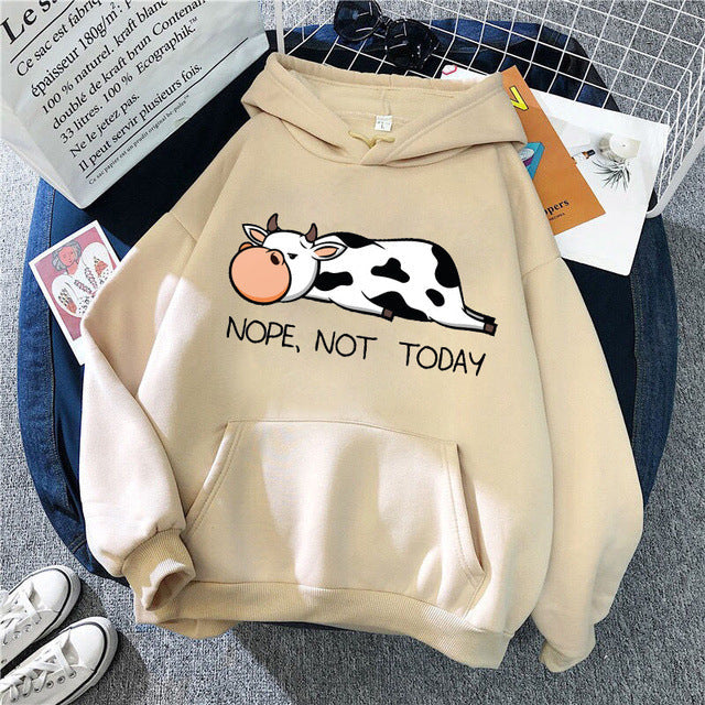 Women's relaxed fit hoodie with funny sleeping cow print and "Nope, Not Today" graphic in cozy casual style