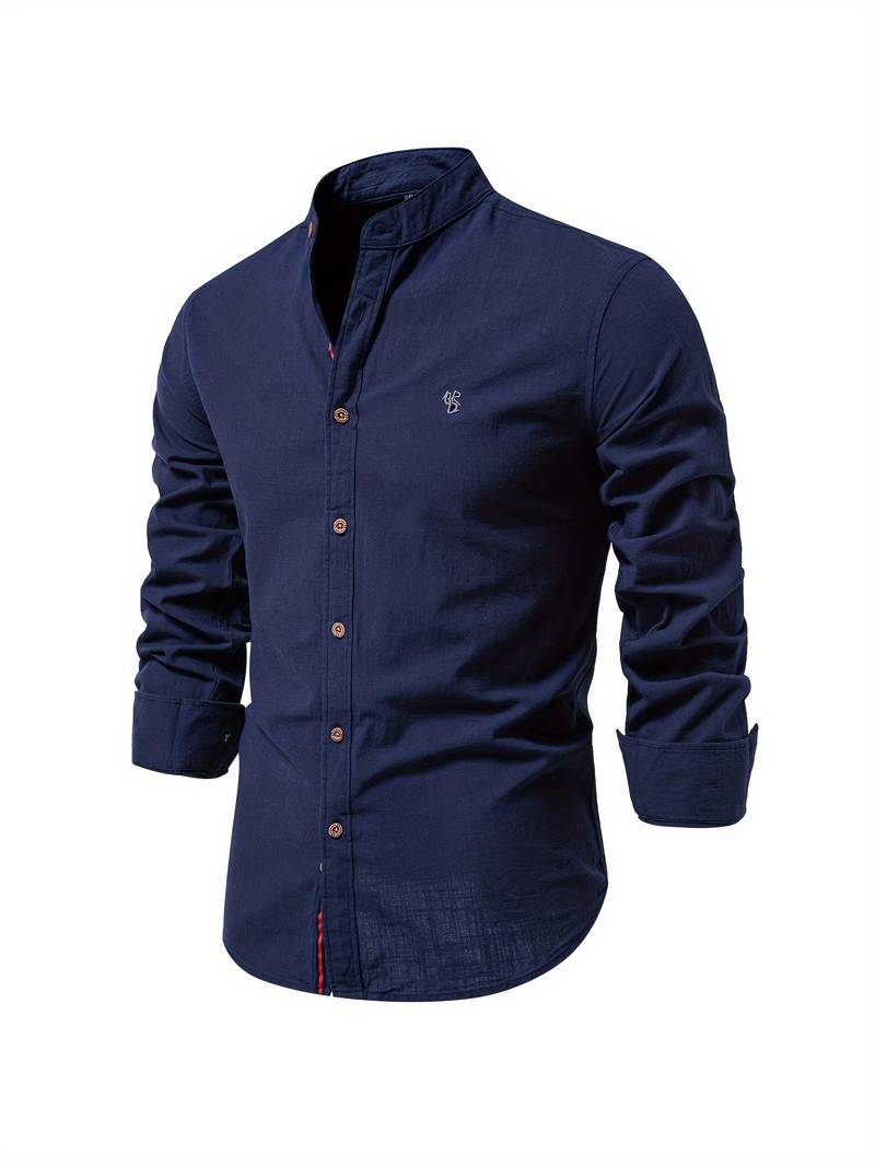 Men's solid color long-sleeve button-down shirt with classic placket for timeless elegant style