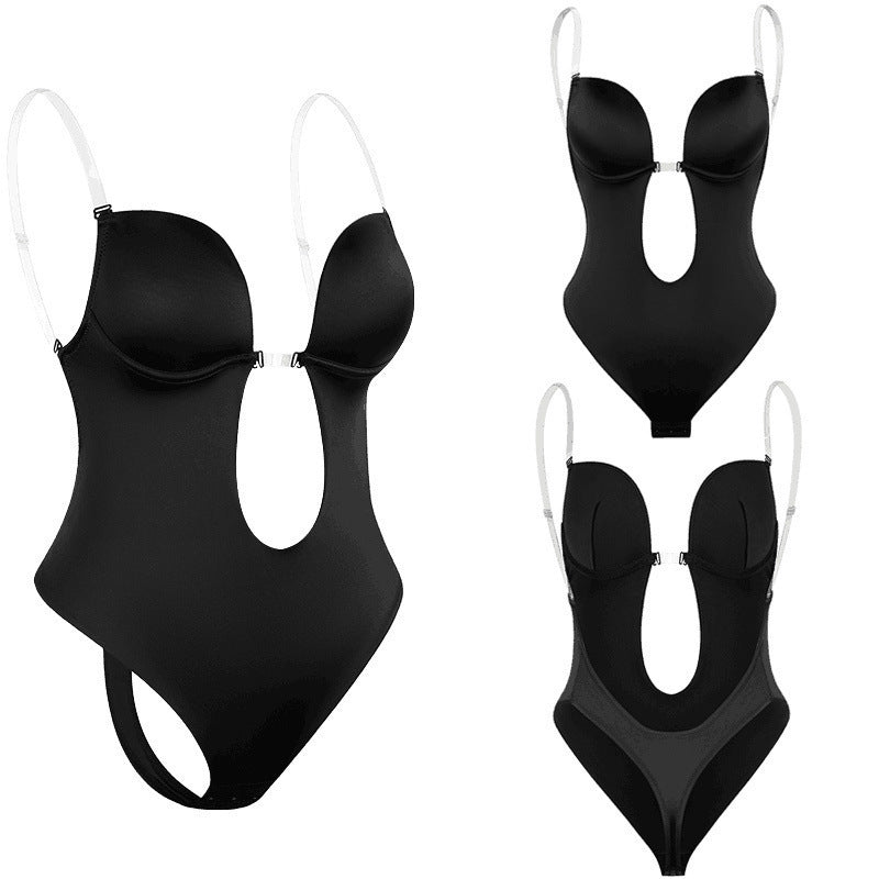 Black tight-fitting women's bodysuit with deep V-neckline and curve-enhancing highlighted waist