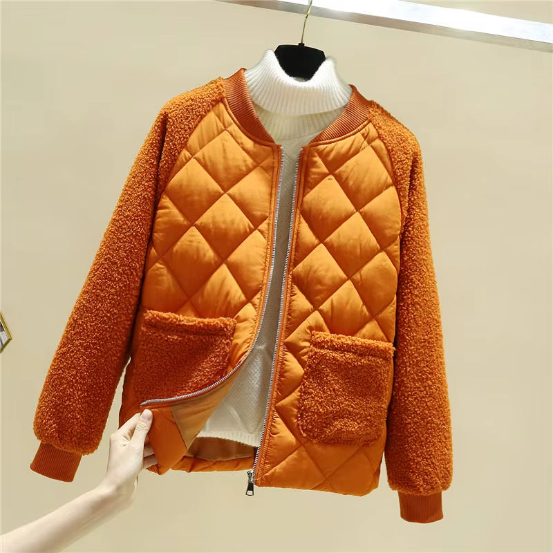 Women's teddy bomber jacket beige diamond quilt body with plush sherpa sleeves cozy cold weather style