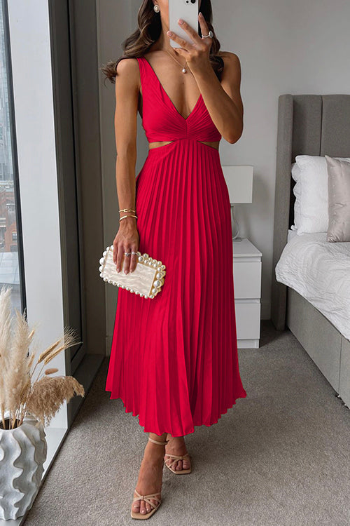Women's sleeveless V-neck cotton dress with subtle waist cutouts, minimalist elegant silhouette